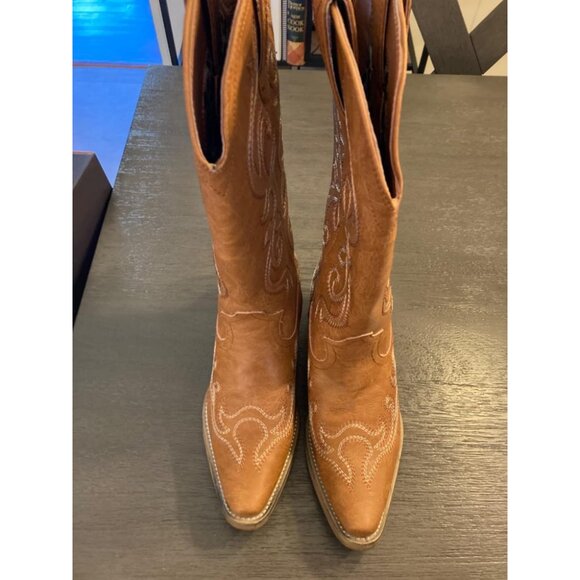 🆕Women Brown Synthetic Leathers Cowgirl Chunky Heel Snip Toe Mid-Calf Boots - Picture 2 of 11